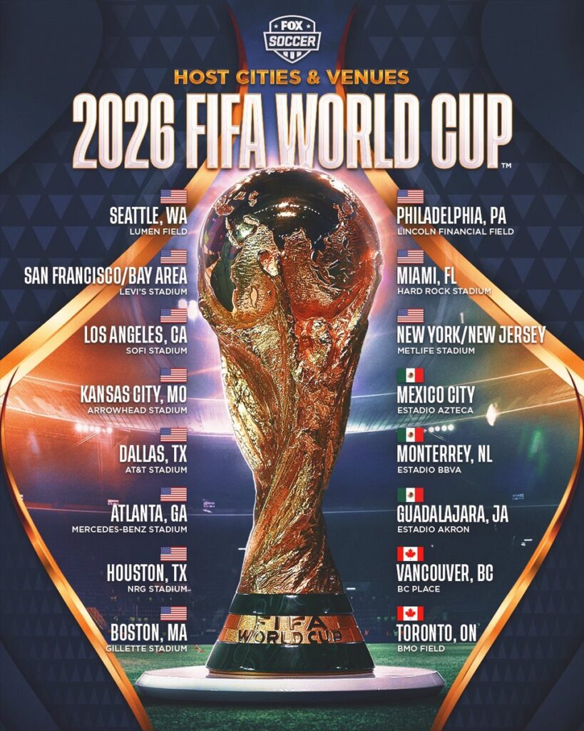 16 địa điểm đăng cai các trận đấu tại World Cup 2026. Ảnh: Fox Soccer 16 địa điểm đăng cai các trận đấu tại World Cup 2026. Ảnh: Sưu tầm